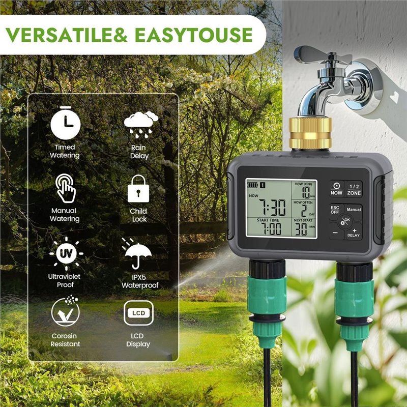 Timer Dual Outlet - デュアルアウトレット式スマート灌漑システム。自動給水タイマー、スプリンクラー、ホース、プログラマー。庭や屋外での使用に最適。