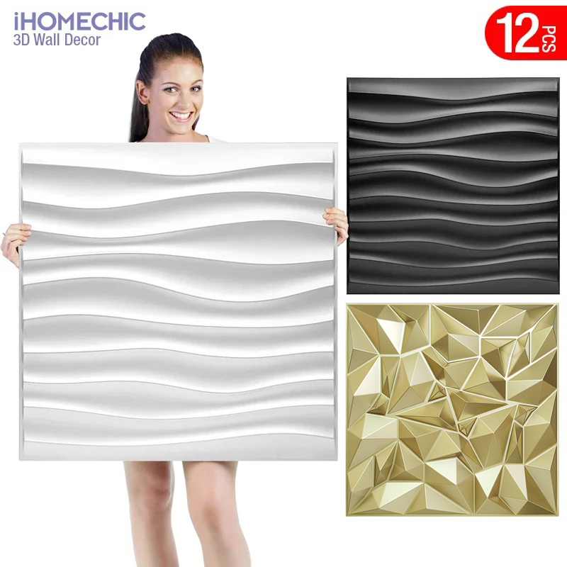 Pvc Panel Background - 12枚入り、50x50cm、シャンパンゴールド色の3Dウォールパネル。光沢のあるゴールドの3Dウォールステッカー。結婚式やパーティーの背景壁装飾に。木目調の紙。