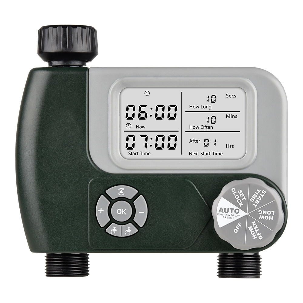Timer Dual Outlet - 屋外用、庭用、芝生用、デュアル出力、大型スクリーン搭載、自動灌水機能付き、花の生育を促進するタイマー。